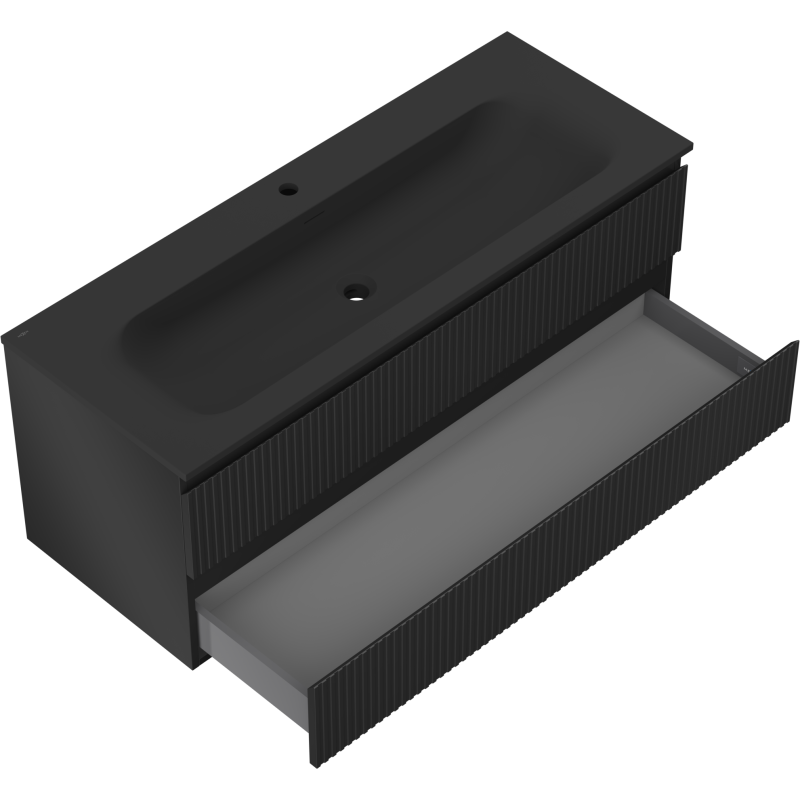 Mexen Rivel Badezimmerschrank 120 cm mit Waschbecken Vela, 2 Schubladen, geriffelt, schwarz matt - 91A20-12047-2-BFF71-W23M71