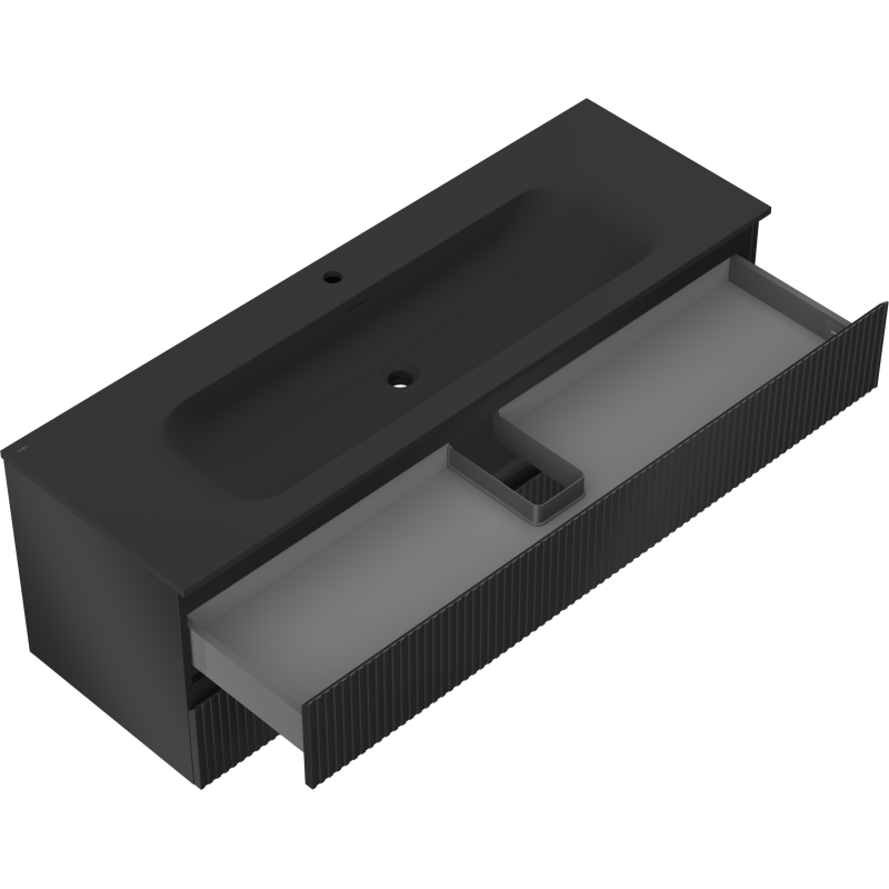 Mexen Rivel Badezimmerschrank 140 cm mit Waschbecken Vela, 2 Schubladen, geriffelt, schwarz matt - 91A20-14047-2-BFF71-W23M71