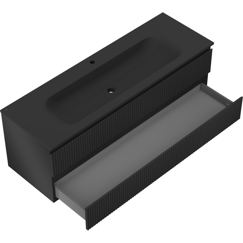 Mexen Rivel Badezimmerschrank 140 cm mit Waschbecken Vela, 2 Schubladen, geriffelt, schwarz matt - 91A20-14047-2-BFF71-W23M71