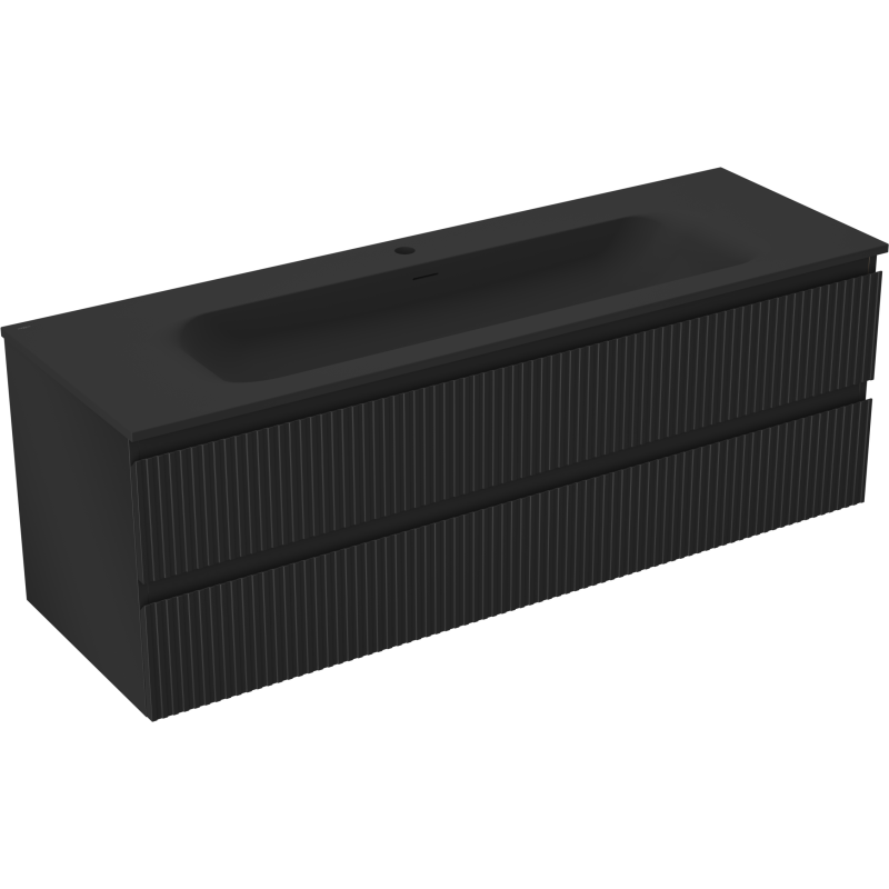 Mexen Rivel Badezimmerschrank 140 cm mit Waschbecken Vela, 2 Schubladen, geriffelt, schwarz matt - 91A20-14047-2-BFF71-W23M71