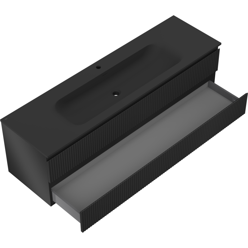 Mexen Rivel Badezimmerschrank 160 cm mit Waschbecken Vela, 2 Schubladen, geriffelt, schwarz matt - 91A20-16047-2-BFF71-W23M71