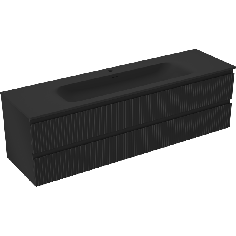Mexen Rivel Badezimmerschrank 160 cm mit Waschbecken Vela, 2 Schubladen, geriffelt, schwarz matt - 91A20-16047-2-BFF71-W23M71