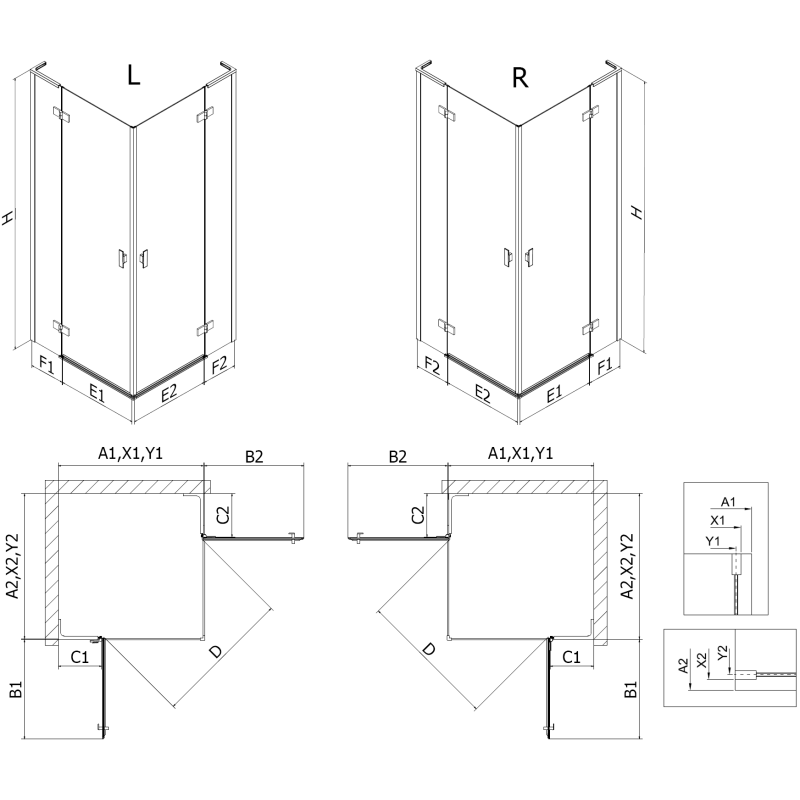 Mexen Mist-H L Duo Duschkabine schwenkbar 80 x 80 cm, transparent, gold - 8A5L-080L-080P-50-00