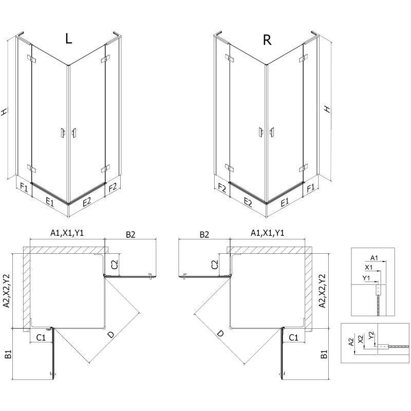 Mexen Mist-H L Duo Duschkabine rechts angeschlagen 85 x 90 cm, transparent, gold gebürstet - 8A5L-085L-090P-55-00