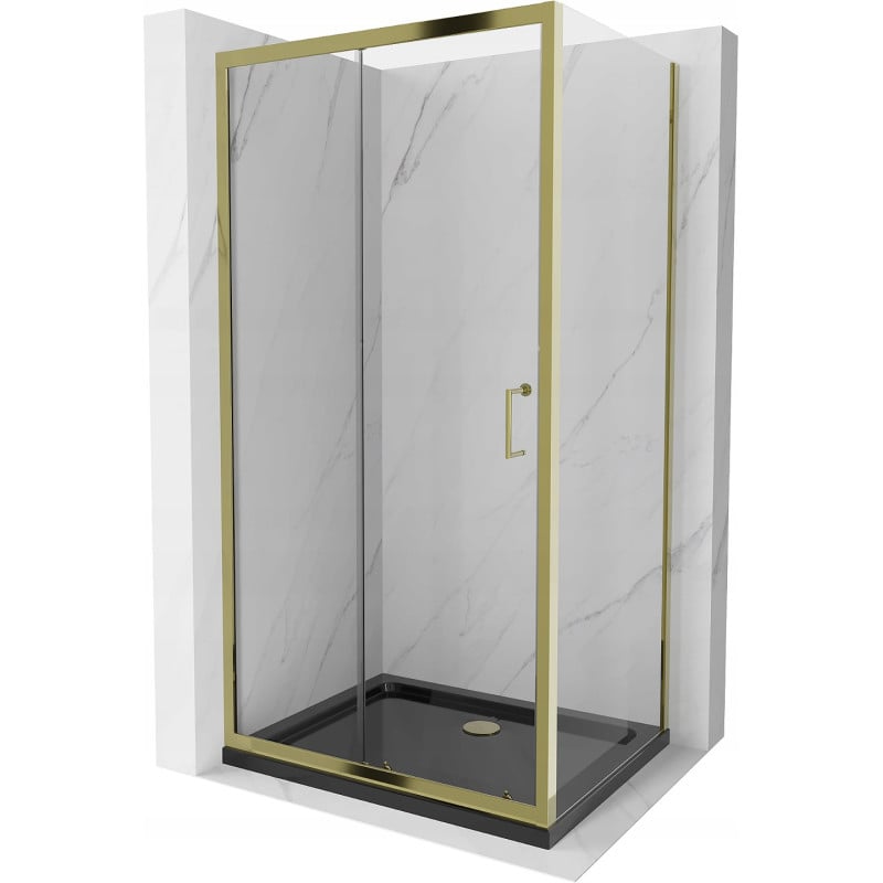 Mexen Apia Schiebeduschkabine 140 x 90 cm, transparent, gold + Duschwanne Flat, schwarz - 840-140-090-50-00-4070G