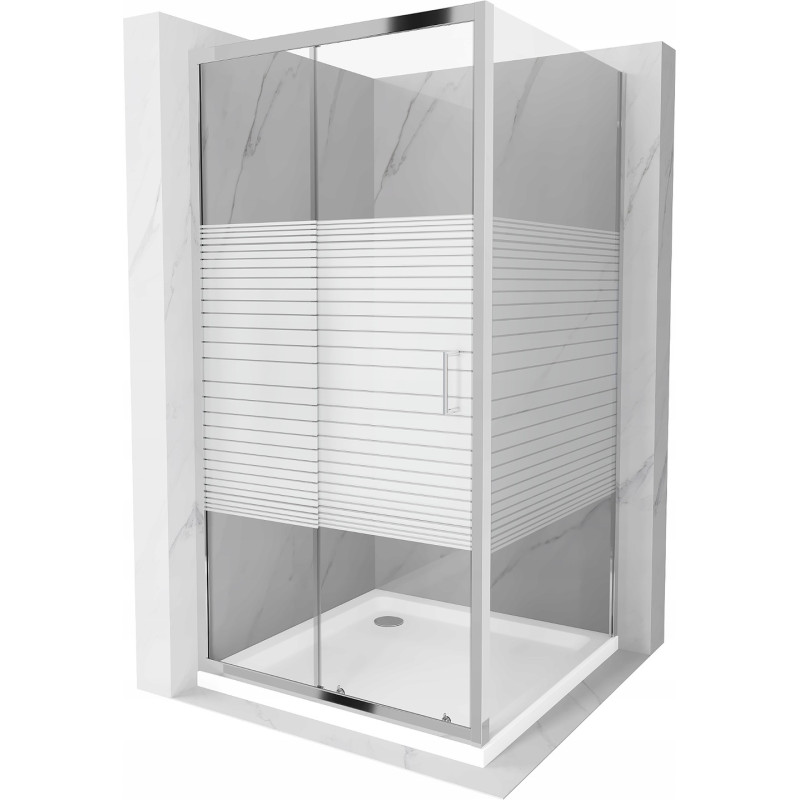 Mexen Apia Schiebetür-Duschkabine 100 x 100 cm, weiße Streifen, Chrom + flache Duschwanne - 840-100-100-01-20-4010