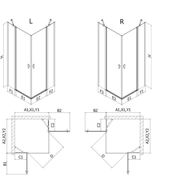 Mexen Mist Duo Duschkabine schwenkbar 120 x 120 cm, schwarzes Gitter, schwarz - 8A4-120L-120P-70-77
