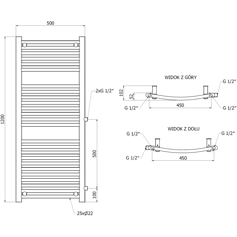 Mexen Ares seitlicher Badezimmerheizkörper 1200 x 500 mm, 531 W, weiß - W102-1200-500-00-20-S