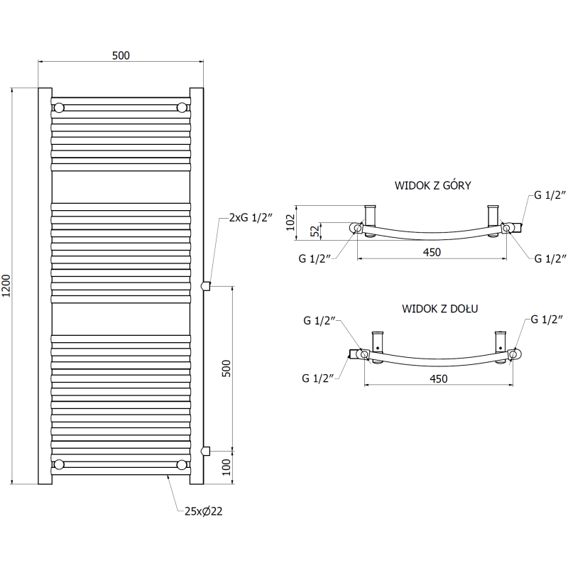Mexen Ares seitlicher Badezimmerheizkörper 1200 x 500 mm, 531 W, schwarz - W102-1200-500-00-70-S