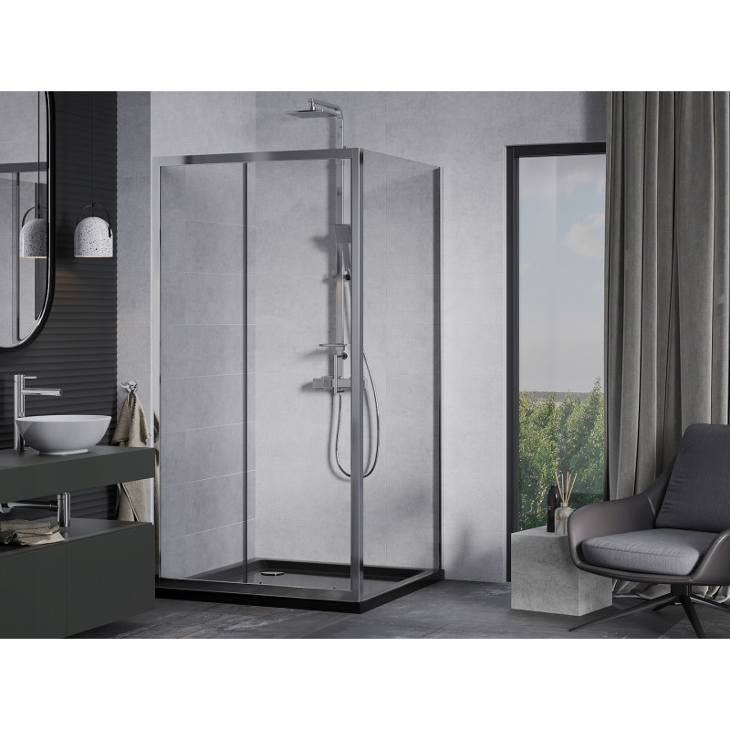 Mexen Apia Schiebedusche 90 x 90 cm, transparent, Chrom + Duschwanne Flat, schwarz - 840-090-090-01-00-4070