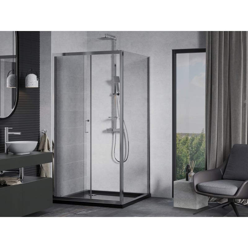 Mexen Apia Duschkabine Schiebetür 90 x 90 cm, transparent, Chrom + Duschwanne Flat, schwarz - 840-090-090-01-00-4070