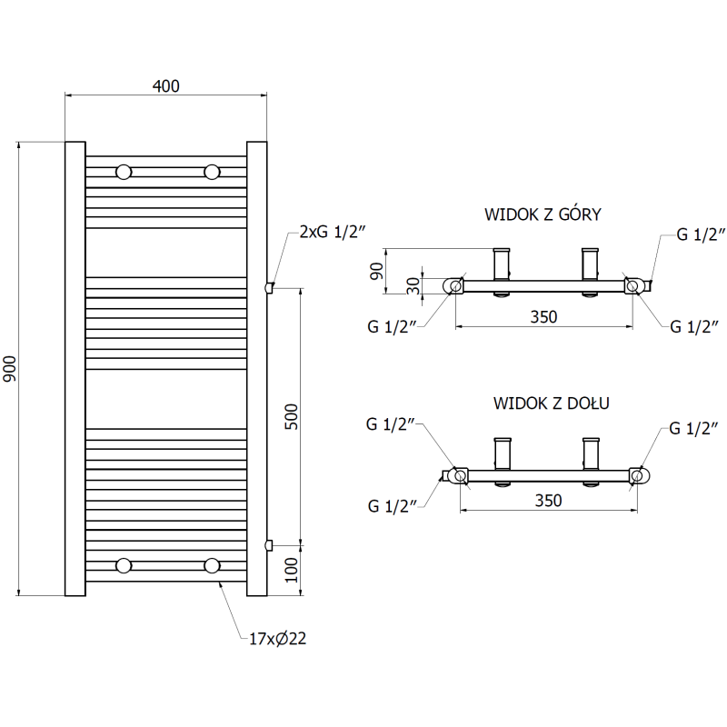 Mexen Mars seitlicher Badezimmerheizkörper 900 x 400 mm, 309 W, weiß - W110-0900-400-00-20-S