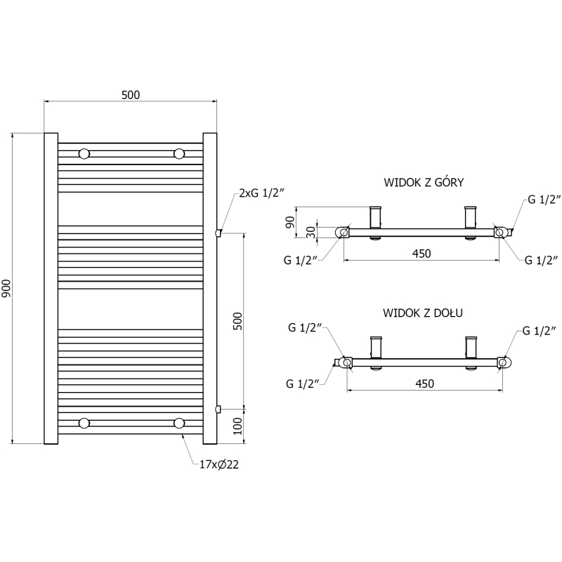 Mexen Mars seitlicher Badezimmerheizkörper 900 x 500 mm, 370 W, schwarz - W110-0900-500-00-70-S