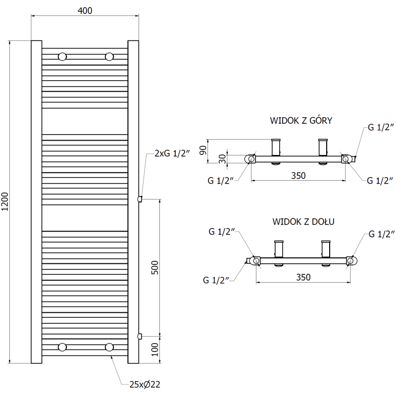 Mexen Mars Seiten-Badheizkörper 1200 x 400 mm, 439 W, weiß - W110-1200-400-00-20-S