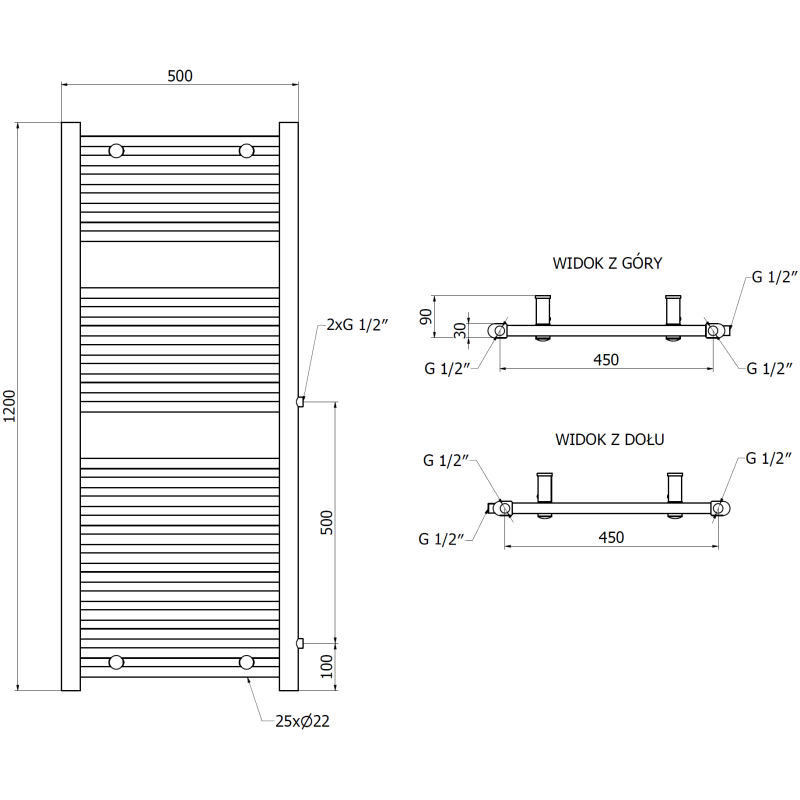 Mexen Mars seitlicher Badezimmerheizkörper 1200 x 500 mm, 528 W, weiß - W110-1200-500-00-20-S