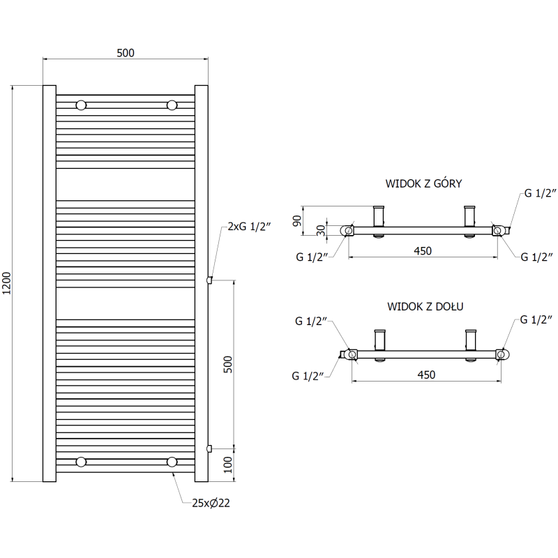 Mexen Mars seitlicher Badezimmerheizkörper 1200 x 500 mm, 528 W, schwarz - W110-1200-500-00-70-S