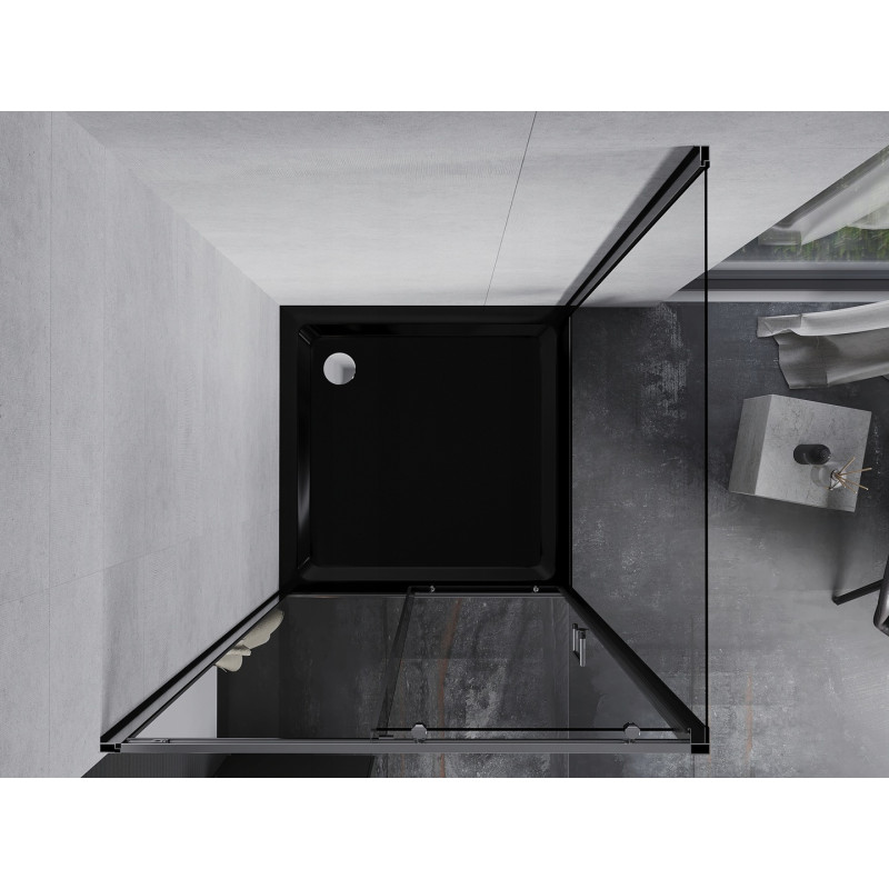 Mexen Apia Duschkabine Schiebetür 90 x 90 cm, transparent, Chrom + Duschwanne Flat, schwarz - 840-090-090-01-00-4070