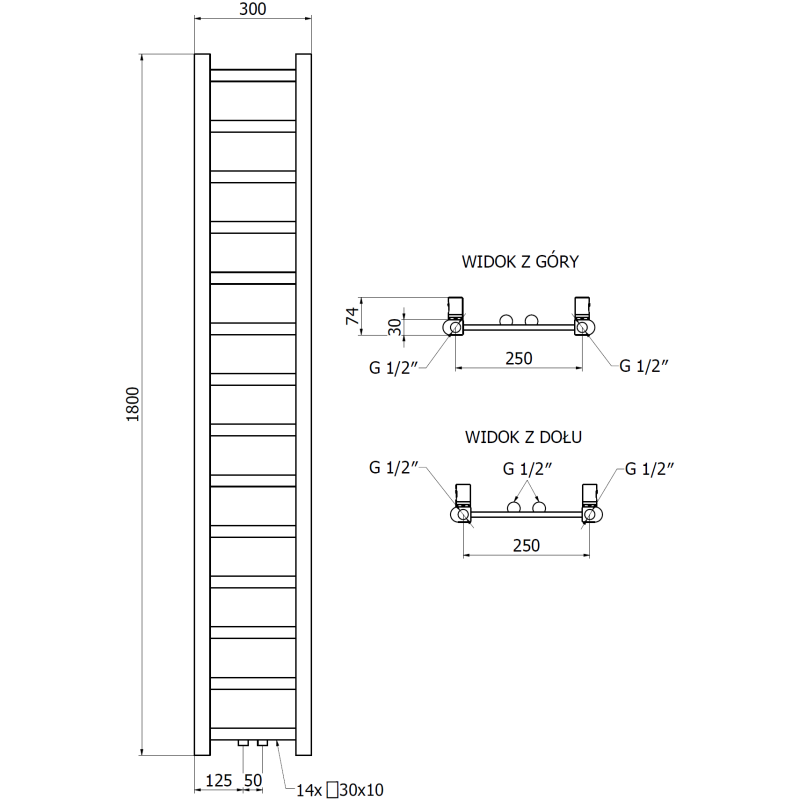 Mexen Bolt Badezimmerheizkörper 1800 x 300 mm, 351 W, schwarz - W126-1800-300-00-70