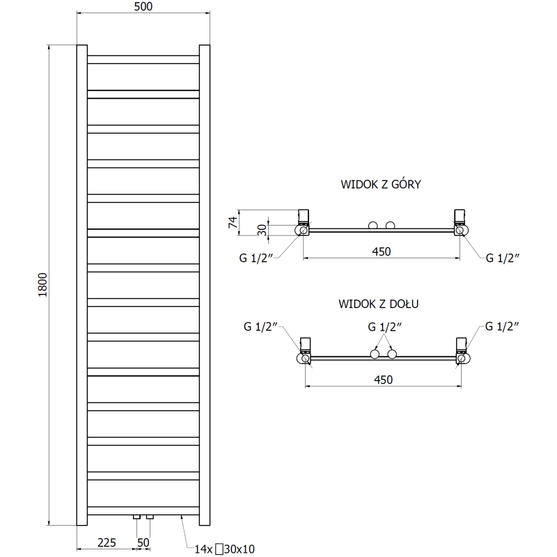 Mexen Bolt Badheizkörper 1800 x 500 mm, 460 W, Anthrazit - W126-1800-500-00-66