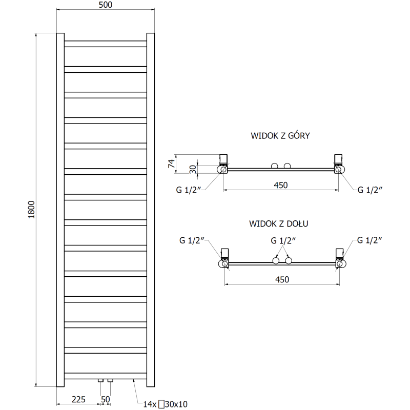 Mexen Bolt Badezimmerheizkörper 1800 x 500 mm, 460 W, schwarz - W126-1800-500-00-70