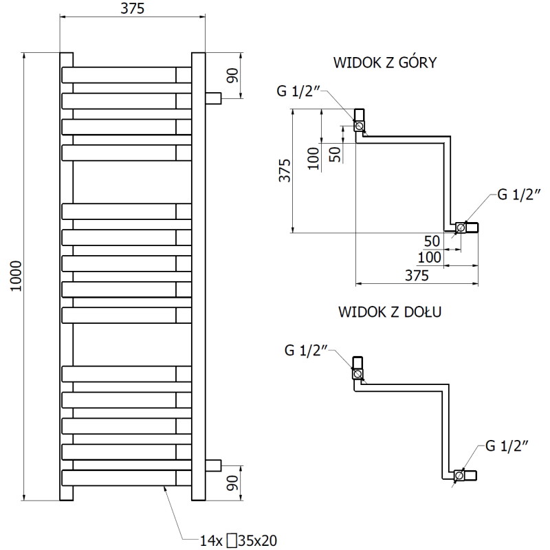 Mexen Loop Eckheizkörper für das Badezimmer 1000 x 375 mm, 572 W, schwarz - W129-1000-350-00-70