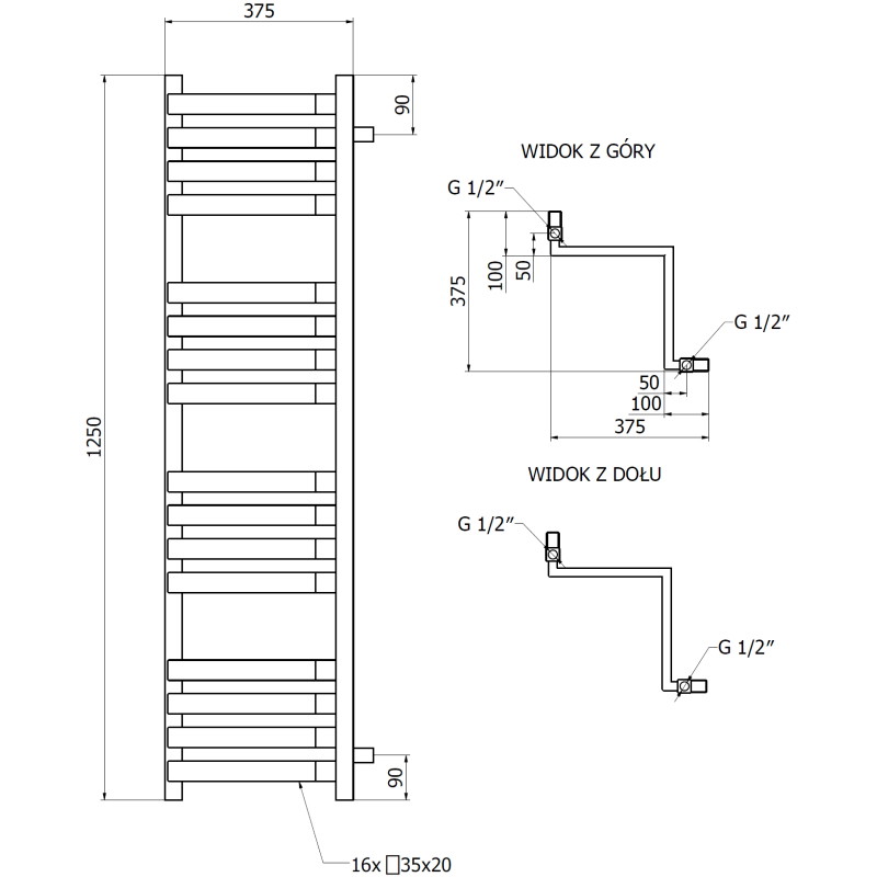 Mexen Loop Eckiger Badezimmerheizkörper 1250 x 375 mm, 666 W, Anthrazit - W129-1250-350-00-66