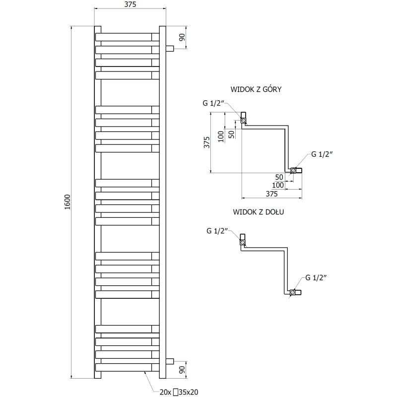Mexen Loop Eck-Badheizkörper 1600 x 375 mm, 837 W, Anthrazit - W129-1600-350-00-66