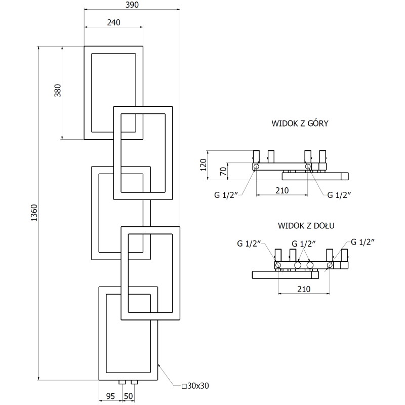 Mexen Grid Dekorativer Badezimmerheizkörper 1360 x 390 mm, 349 W, schwarz - W215-1360-390-00-70