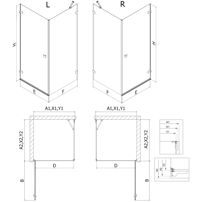 Mexen Lunar-B Duschkabine mit Anschlagtür links 90 x 80 cm, transparent, gebürsteter Nickel - 832-090-080-97-00-L
