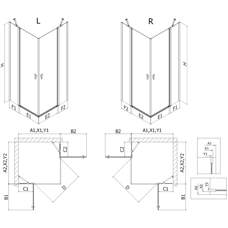 Mexen Mist Duo Duschkabine mit Drehflügel 115 x 115 cm, schwarzer Rahmen, schwarz - 8A4-115L-115P-70-70