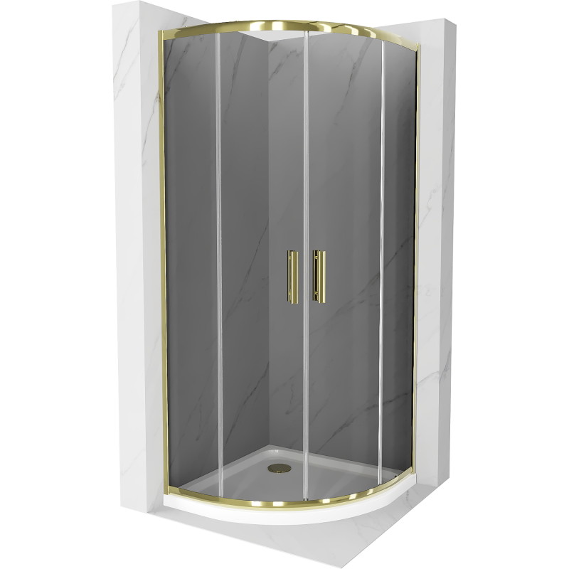 Mexen Rio halbrunde Duschkabine 80 x 80 cm, Graphit, Gold + Flat Duschwanne, Weiß - 863-080-080-50-40-4110G