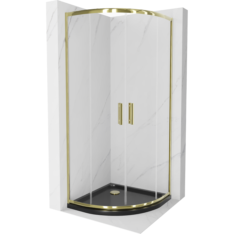 Mexen Rio Duschkabine halbrund 80 x 80 cm, transparent, gold + Duschwanne Flat, schwarz - 863-080-080-50-00-4170G