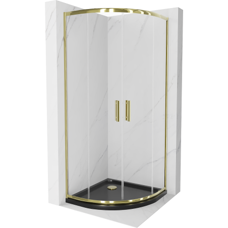Mexen Rio Duschkabine halbrund 80 x 80 cm, transparent, gold + Flat Duschwanne, schwarz - 863-080-080-50-00-4170G