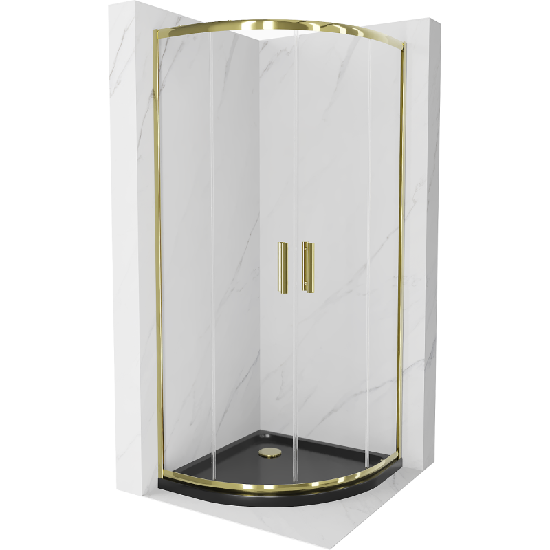 Mexen Rio Duschkabine Halbkreis 90 x 90 cm, transparent, gold + Duschwanne Flat, schwarz - 863-090-090-50-00-4170G