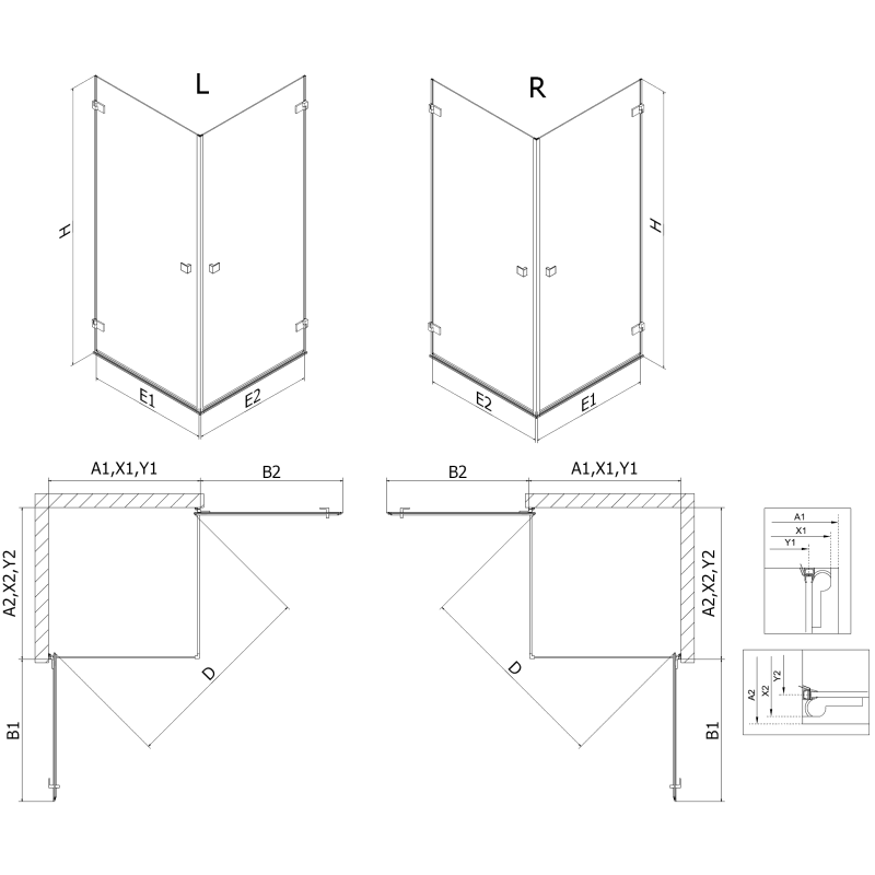 Mexen Lunar-B Duo Duschkabine Schwenktür 100 x 100 cm, transparent, gold - 832-100L-100P-50-00