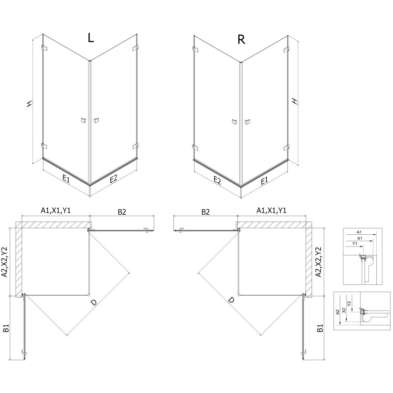 Mexen Lunar-B Duo Duschkabine 100 x 80 cm, transparent, schwarz - 832-100L-080P-70-00