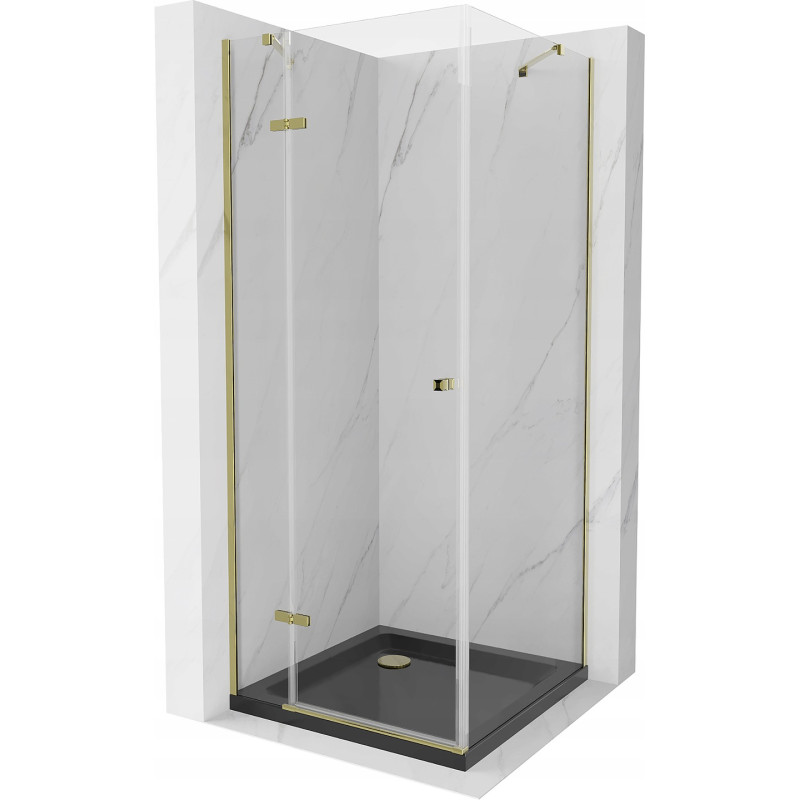 Mexen Roma Schwenkbare Duschkabine 90 x 90 cm, transparent, gold + Duschwanne Flat, schwarz - 854-090-090-50-00-4070G