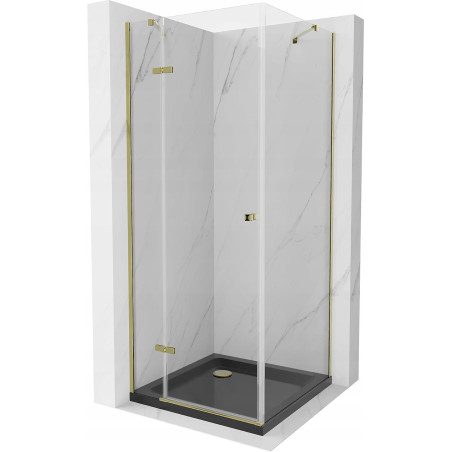 Mexen Roma Schwenkbare Duschkabine 90 x 90 cm, transparent, gold + Duschwanne Flat, schwarz - 854-090-090-50-00-4070G
