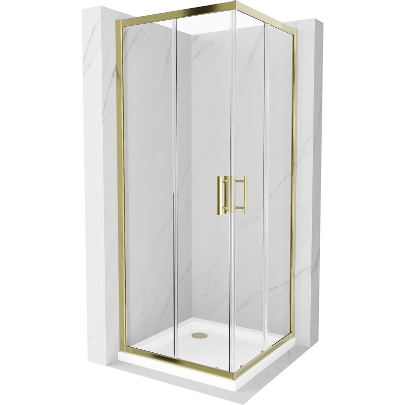 Mexen Rio quadratische Duschkabine 90 x 90 cm, transparent, gold + Duschwanne Flat, weiß - 860-090-090-50-00-4010G