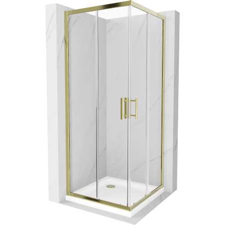 Mexen Rio quadratische Duschkabine 90 x 90 cm, transparent, gold + Duschwanne Flat, weiß - 860-090-090-50-00-4010G