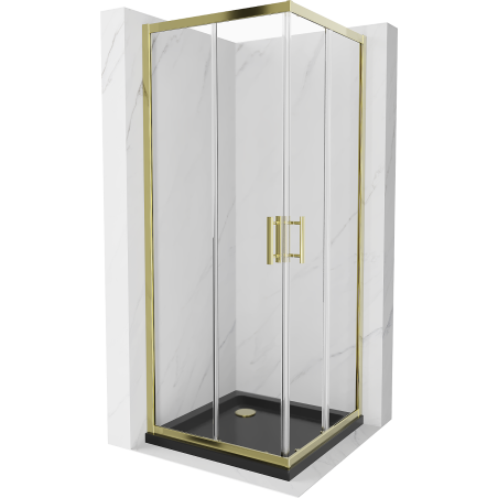 Mexen Rio quadratische Duschkabine 80 x 80 cm, transparent, gold + Flat Duschwanne, schwarz- 860-080-080-50-00-4070G