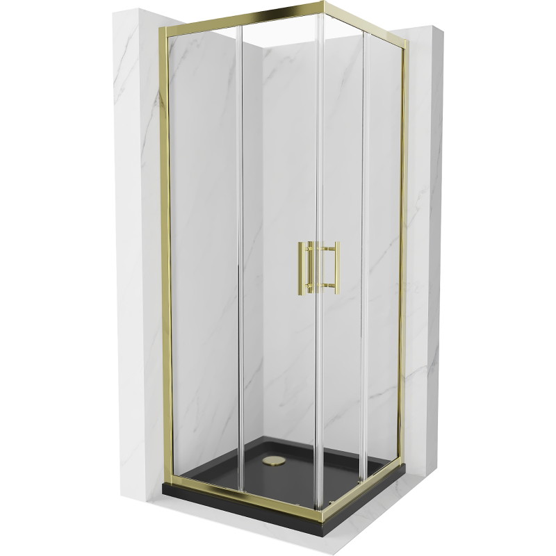 Mexen Rio quadratische Duschkabine 90 x 90 cm, transparent, gold + Flat Duschwanne, schwarz - 860-090-090-50-00-4070G