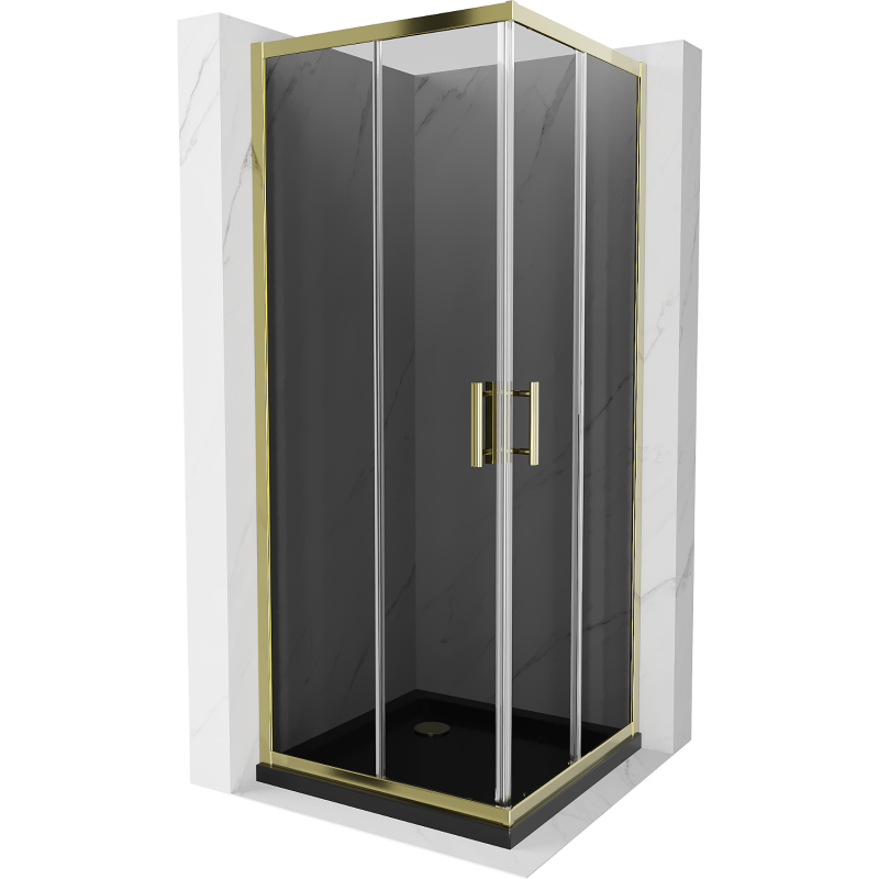 Mexen Rio Duschkabine quadratisch 90 x 90 cm, Graphit, Gold + flache Duschwanne, Schwarz- 860-090-090-50-40-4070G