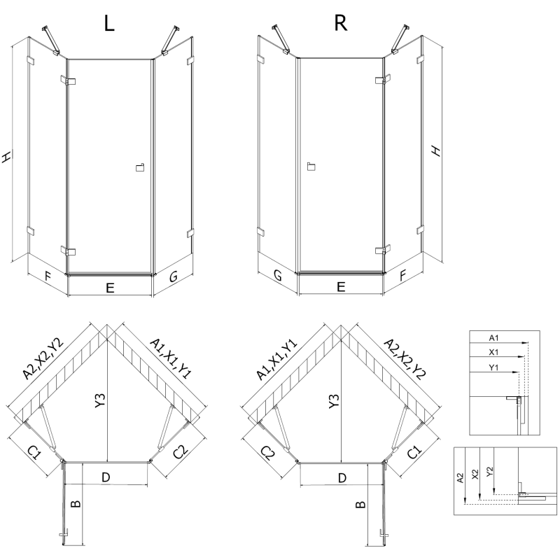 Mexen Lunar Fünfeck-Duschkabine links öffnend 90 x 80 cm, transparent, gebürsteter Nickel - 831-090L-080P-97-00-L