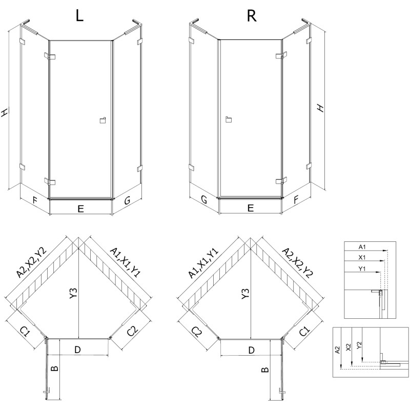 Mexen Lunar L Fünfeckige Duschkabine, schwenkbar links 80 x 80 cm, transparent, Chrom - 831L-080L-080P-01-00-L