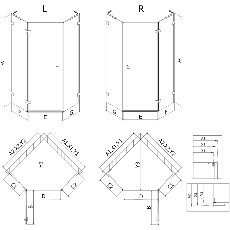 Mexen Lunar L fünfeckige Duschkabine Schwingtür links 100 x 80 cm, transparent, gebürstetes Kupfer - 831L-100L-080P-65-00-L