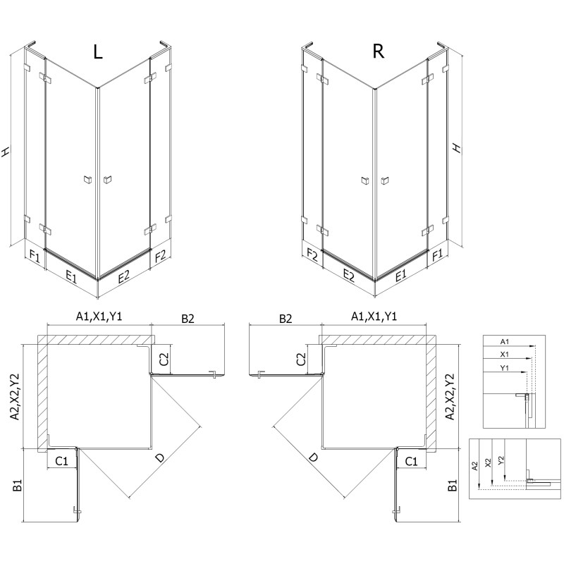 Mexen Lunar L Duo Duschkabine schwenkbar links 95 x 90 cm, transparent, gebürstetes Gun Gray - 834L-095L-090P-66-00