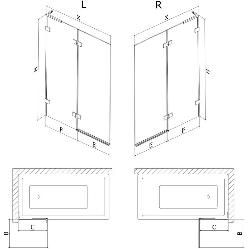 Mexen Lunar L zweiflügelige rechte Badewannenabtrennung 110 x 150 cm, transparent, gebürstetes Gun Gray - 897L-110-100-66-00-P
