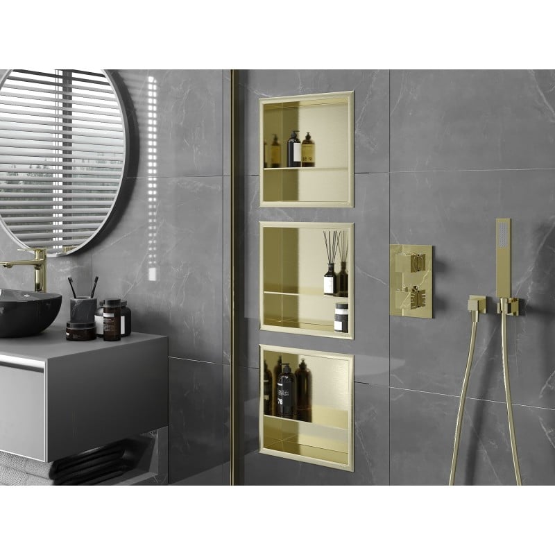 Mexen X-Wall-R Nischenregal mit Flansch und Regal 30 x 30 cm, gebürstetes Gold - 1950303010S