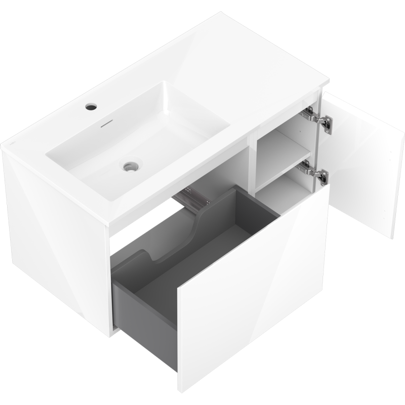 Mexen Orio Badezimmerschrank 90 cm mit Waschbecken Otis links, 1S, 1D, weiß glänzend - 91A13-09047-3-BBFF00-W18L00